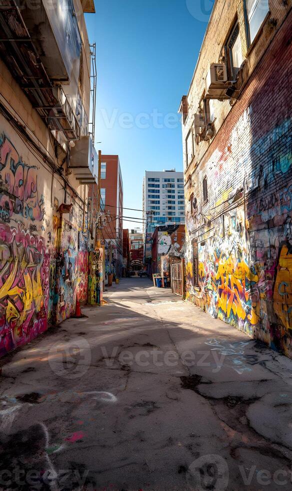 Urban alleyway canvas vibrant graffiti and weathered charm showcasing the city's artistic pulse and hidden stories beneath the vast clear blue sky photo