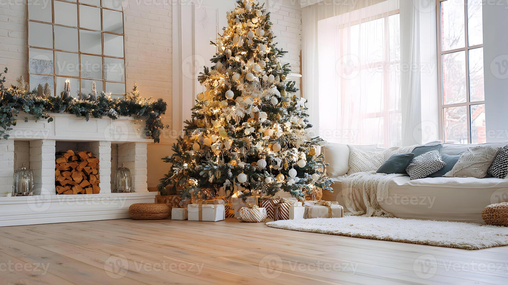 Elegant christmas scene featuring a decorated tree gifts and a cozy fireplace in a bright living room photo