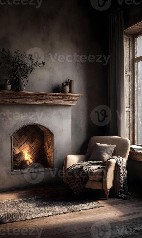 A cozy living room with a crackling fireplace radiates warmth creating an inviting atmosphere with soft light photo