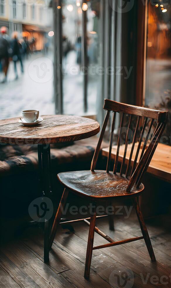 Rustic charm and tranquil moments a coffee cup awaits on a weathered table by the window photo