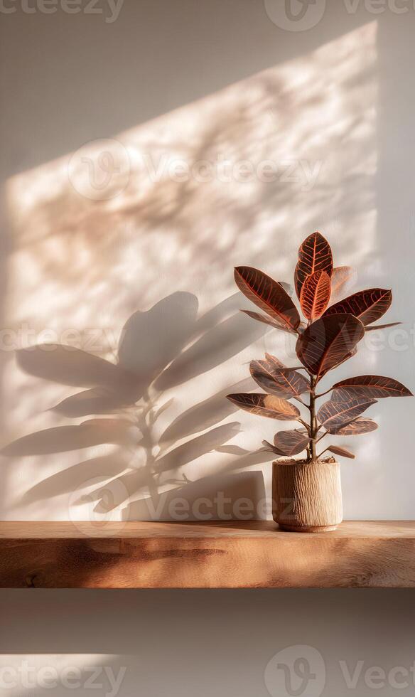 Indoor rubber plant in pot illuminated by sunlight creating abstract shadow patterns on wall shelf minimalism photo