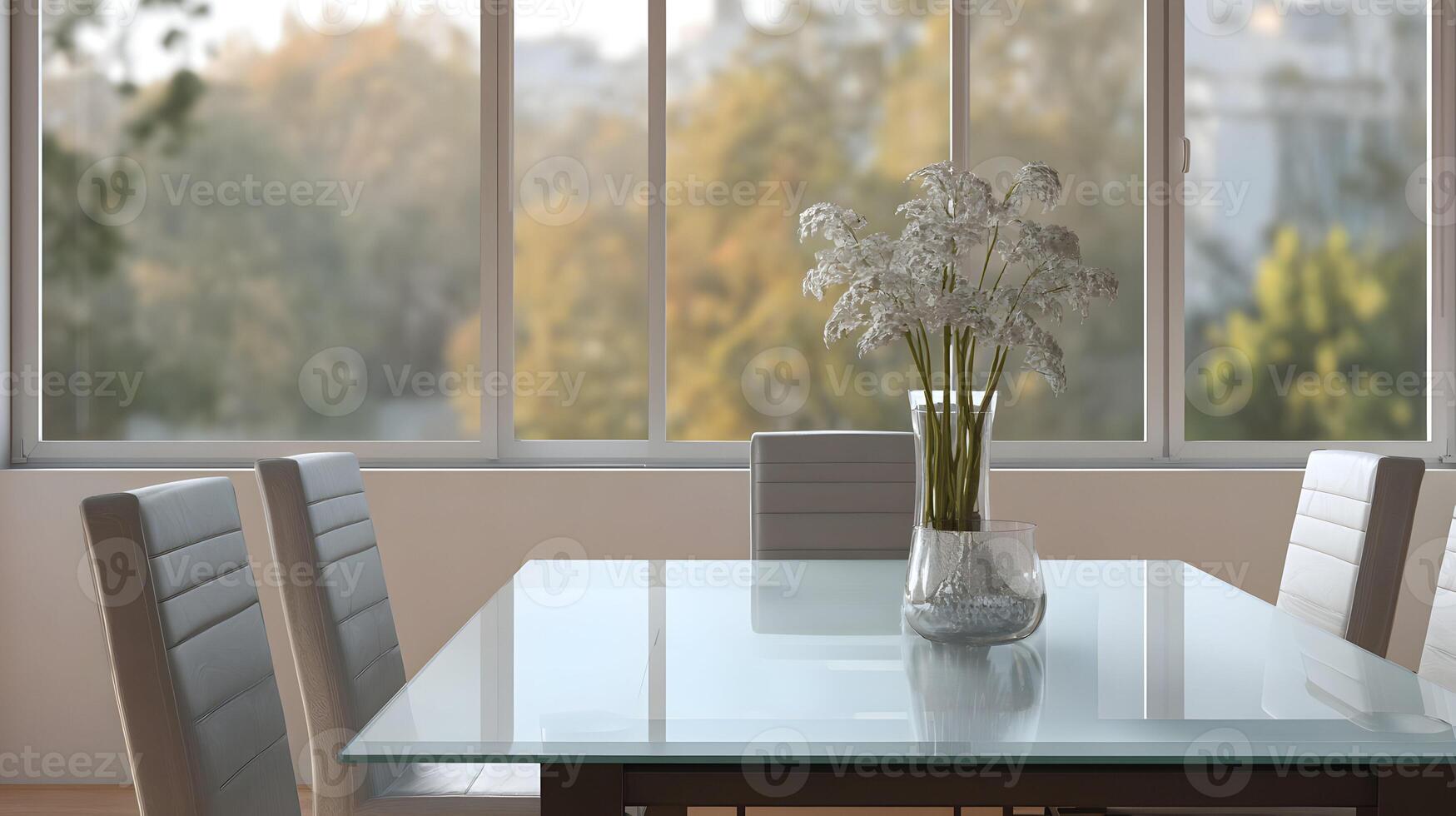 Dining area with glass table and modern chairs bathed in soft light from a large window view photo