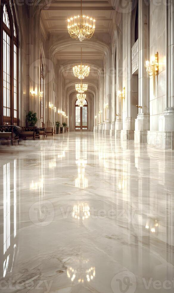 Elegance in the Palace Interior A Majestic Hallway Showcasing Opulent Chandeliers and Gleaming Marble Floors photo