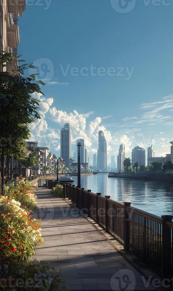 Urban tranquility waterfront walkway with cityscape backdrop offers a serene escape amidst the hustle of modern life photo