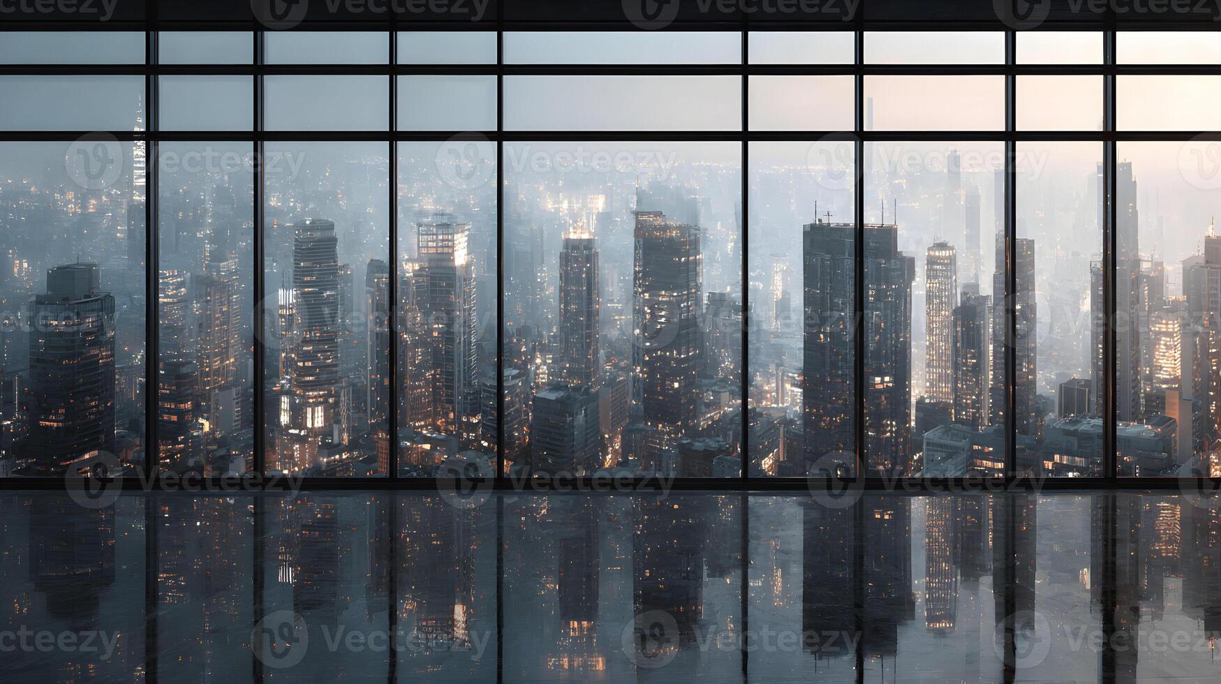 Cityscape view from an office window during night showcasing urban reflections and city lights photo
