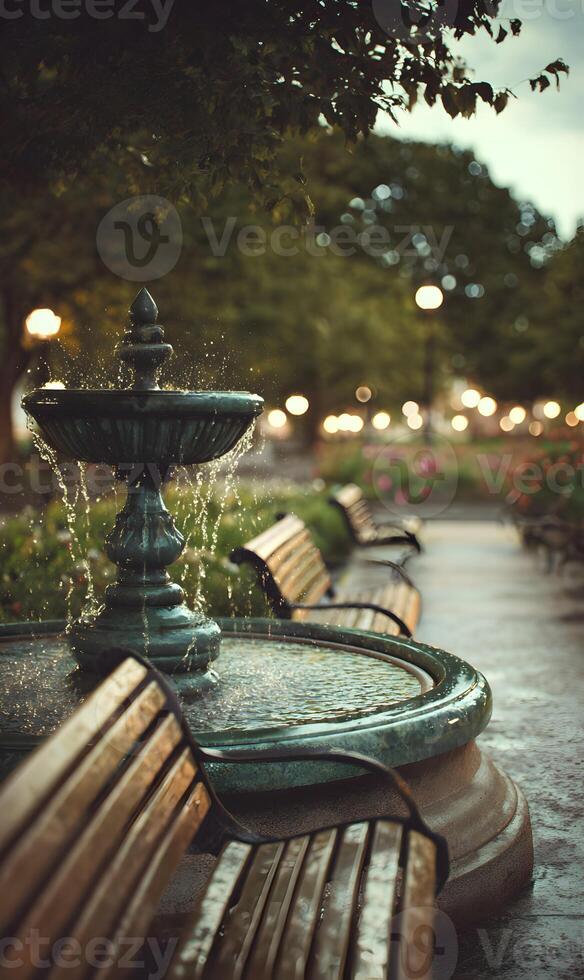 Captured stillness a serene moment at the park fountain with blurred lights and bench silhouettes photo