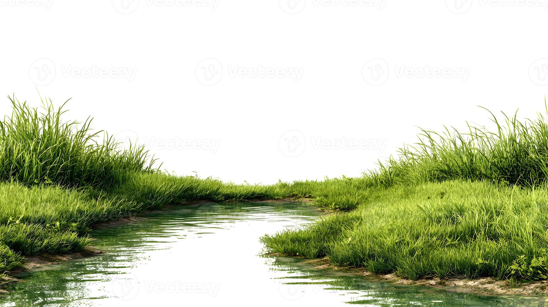 Green serene river flowing through lush green grass vegetation on a bright sunny day backdrop photo