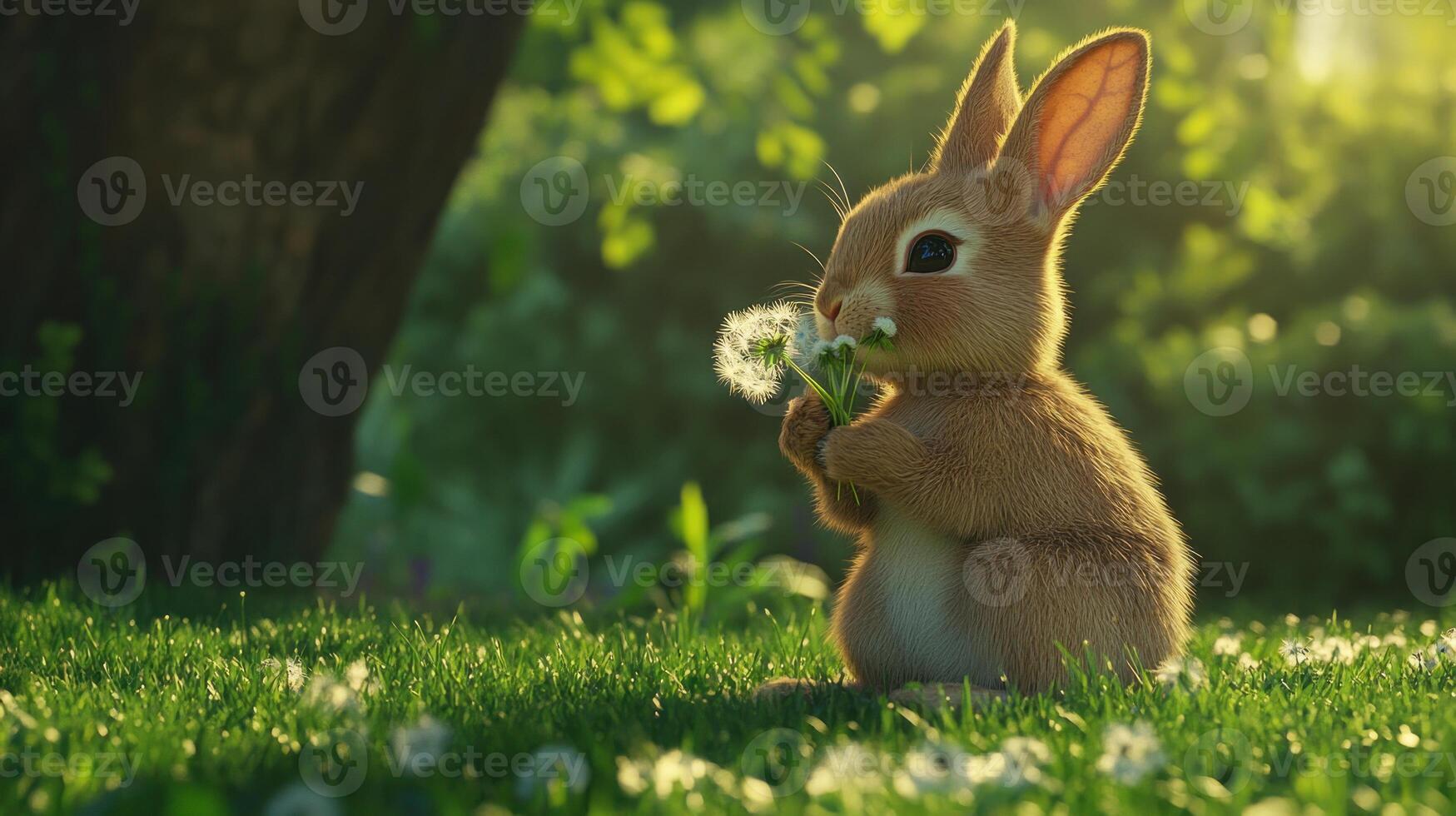 A small rabbit is sitting on the grass with a dandelion in its mouth photo