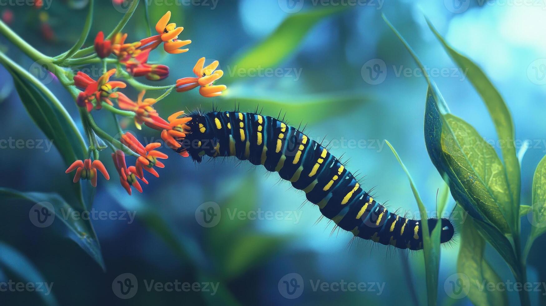 A caterpillar on a flower with green leaves photo