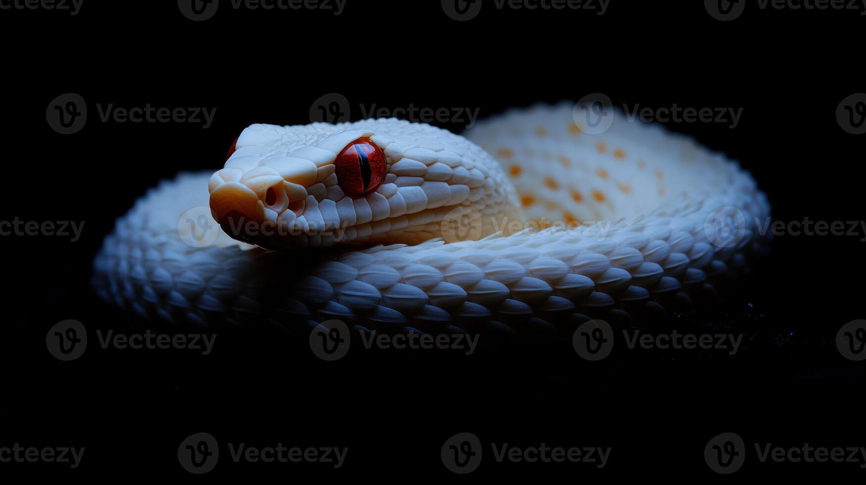 A white snake with red eyes on a black background photo