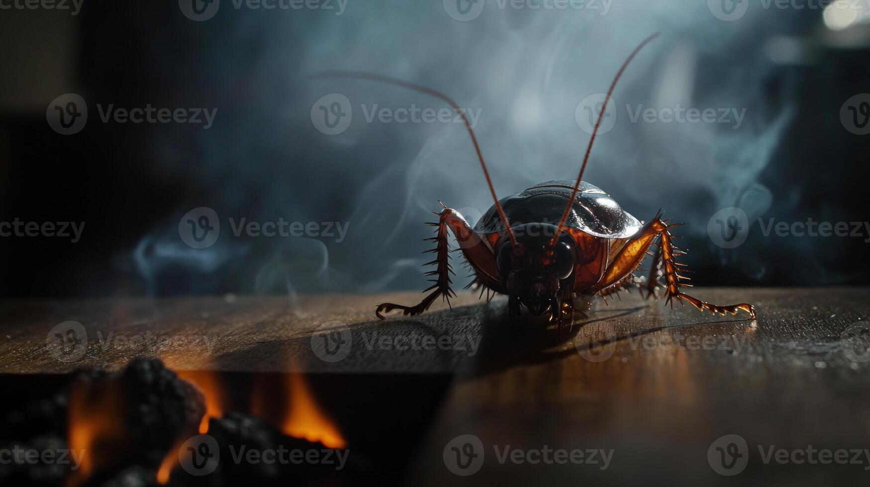 A cockroach on a table with smoke coming out of it photo