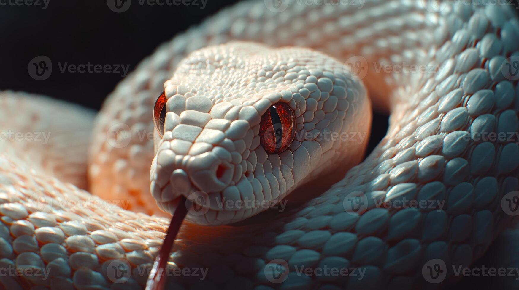 A close up of a white snake with red eyes photo