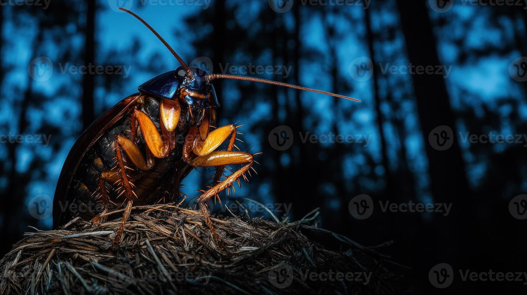 A large cockroach sitting on top of a nest photo