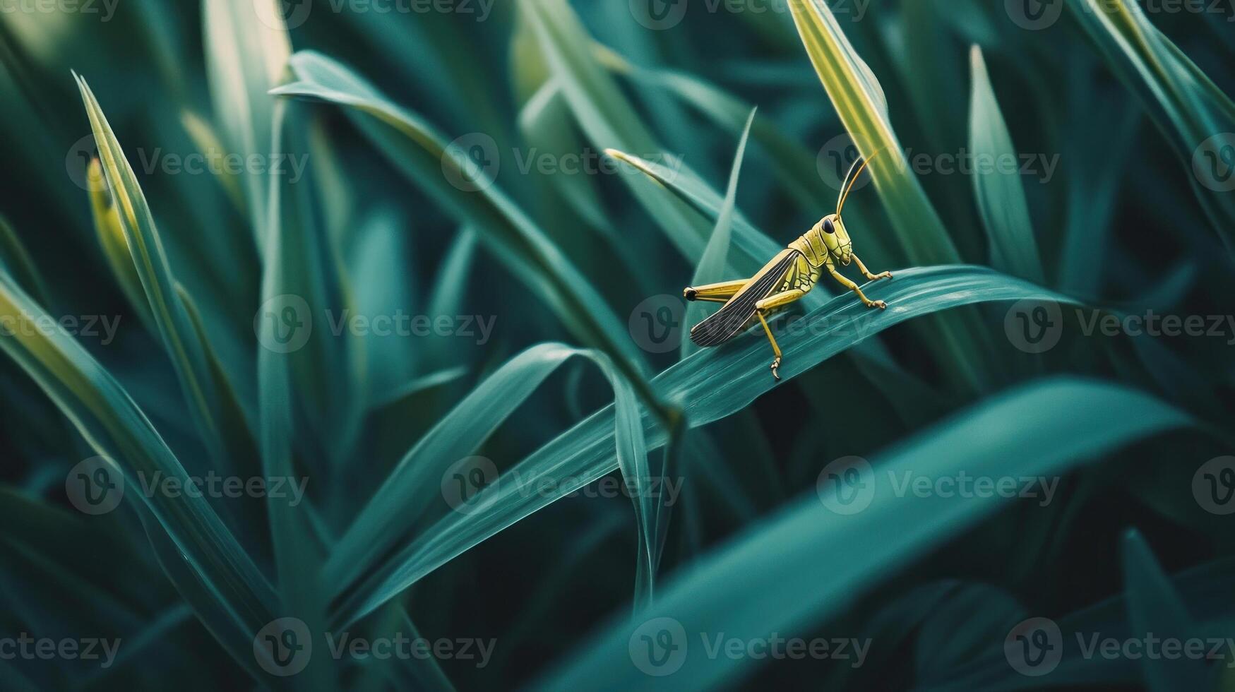 A grasshopper is sitting on top of a green plant photo