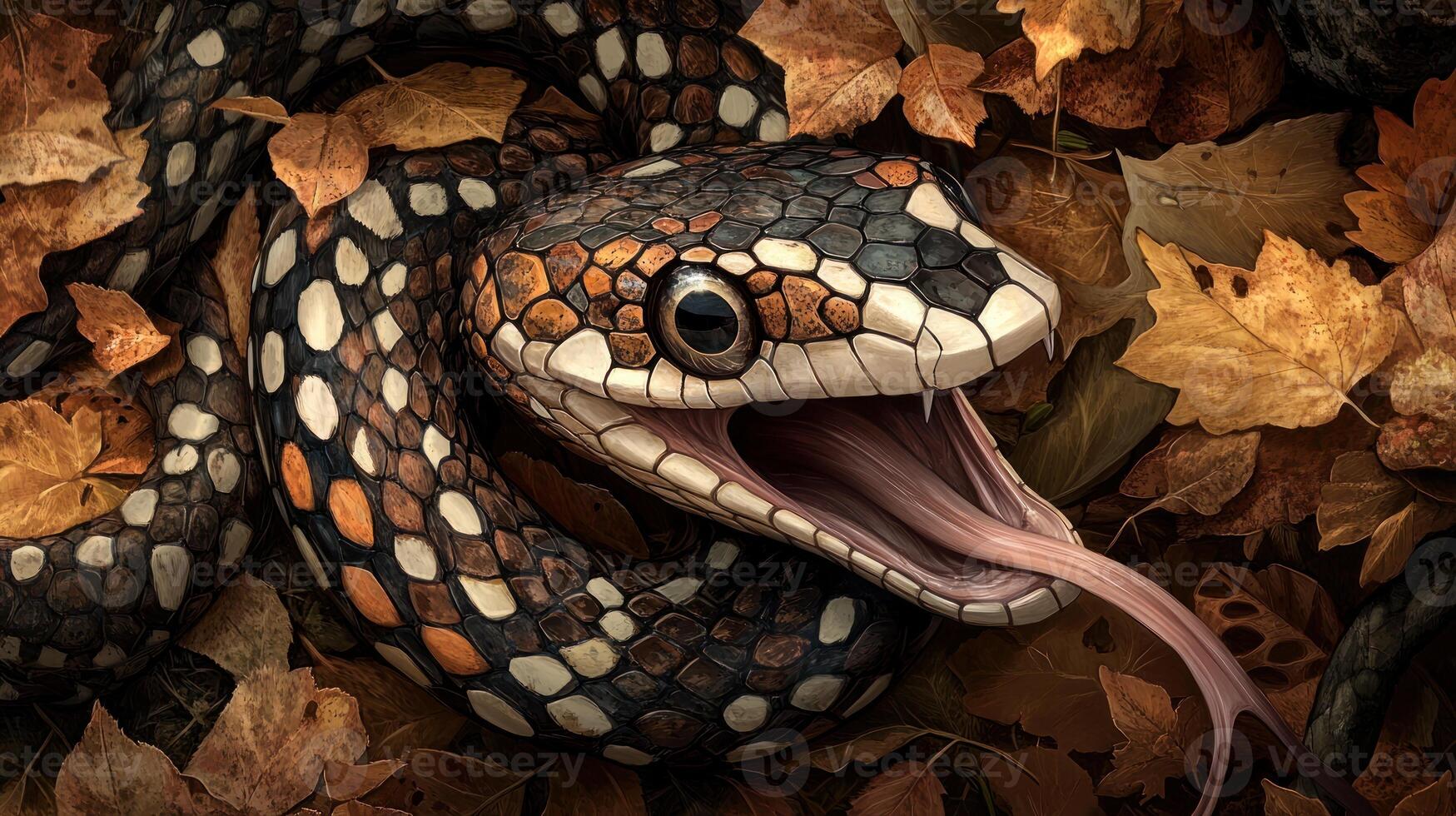 A snake with its mouth open in the leaves photo