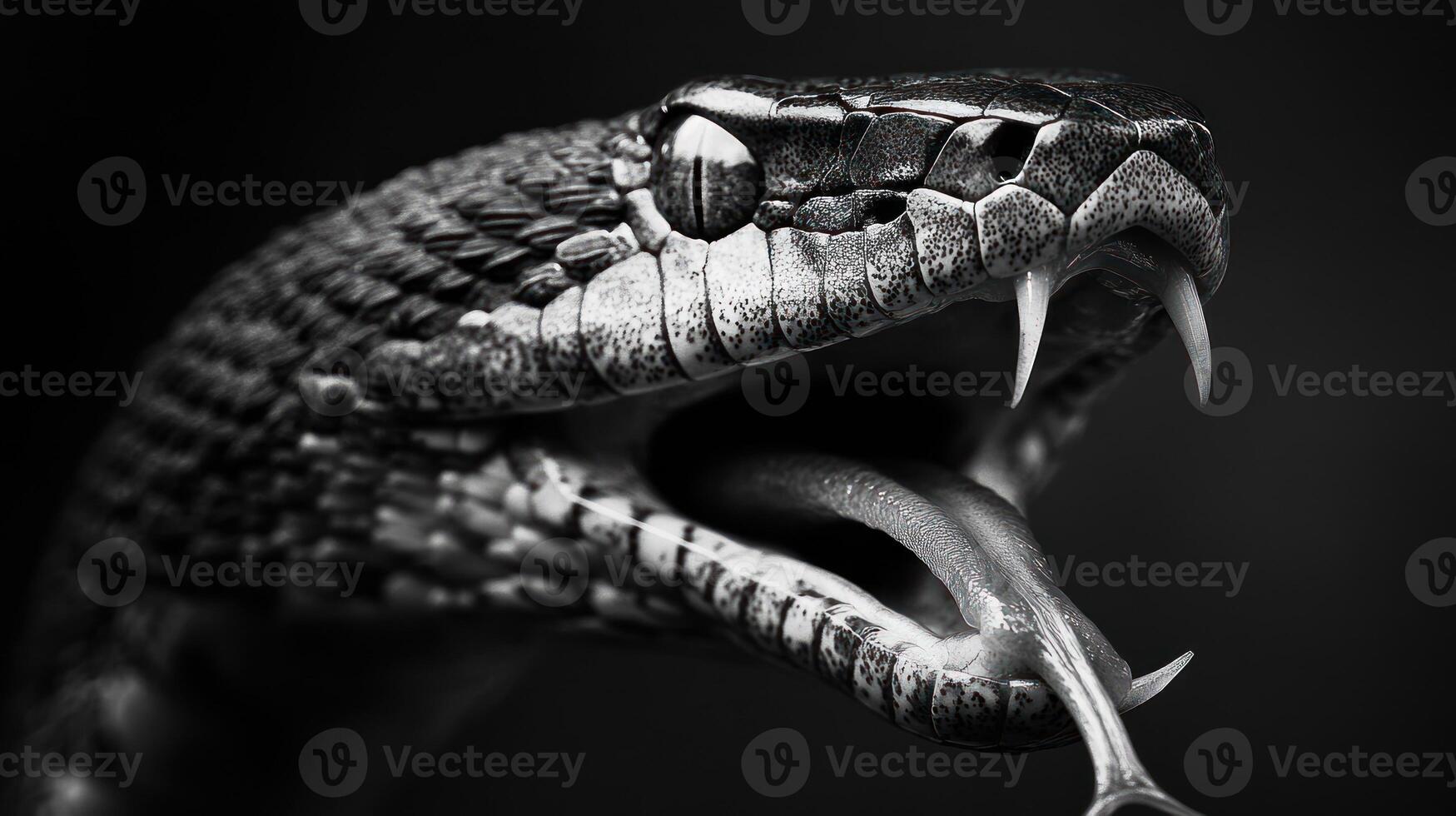 A black and white photo of a snake with its mouth open