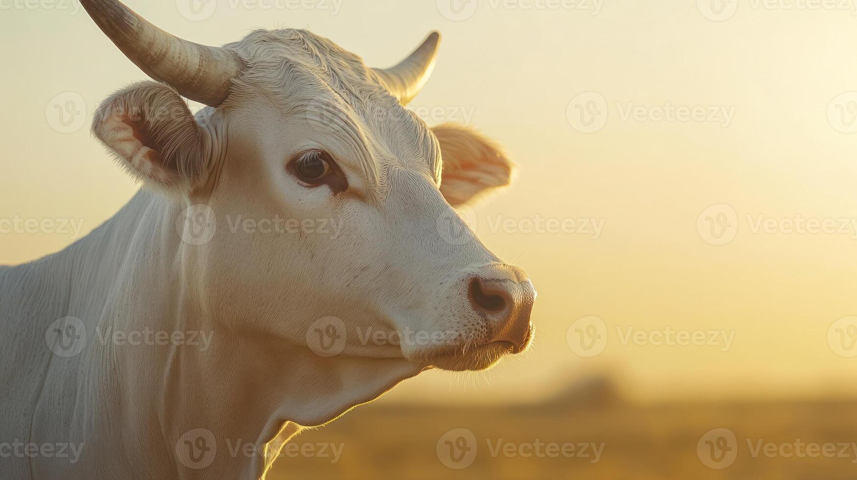 A white cow with horns in a field photo