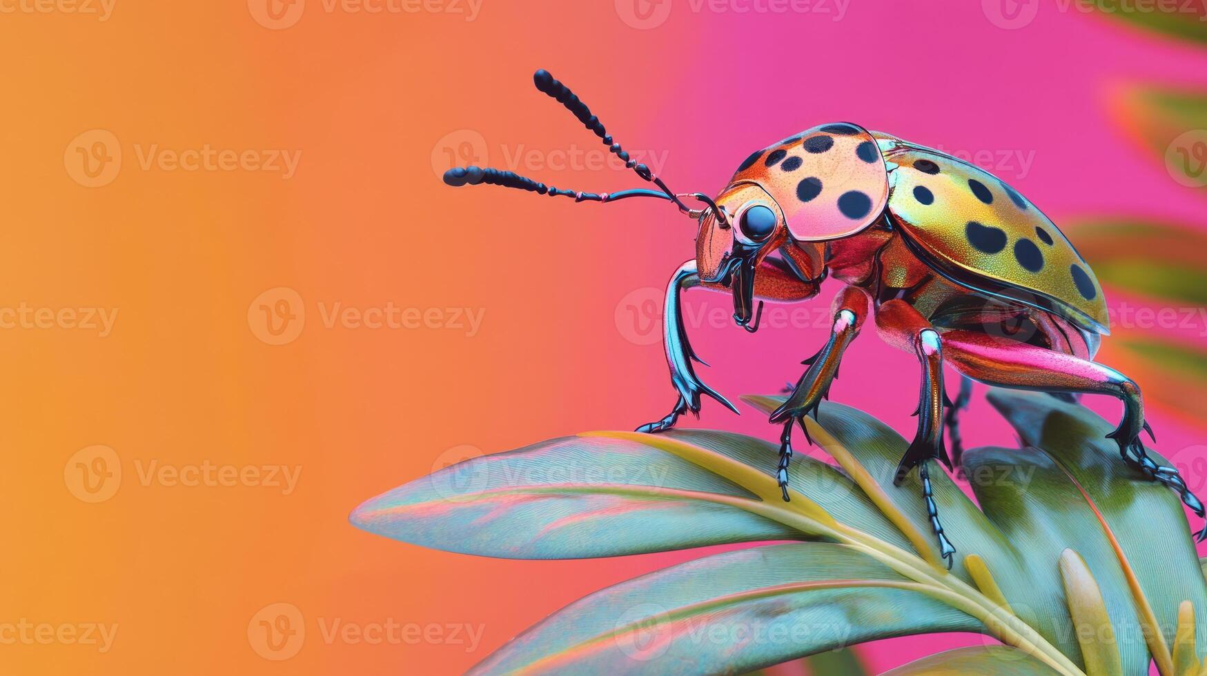 A colorful bug is sitting on top of a plant photo