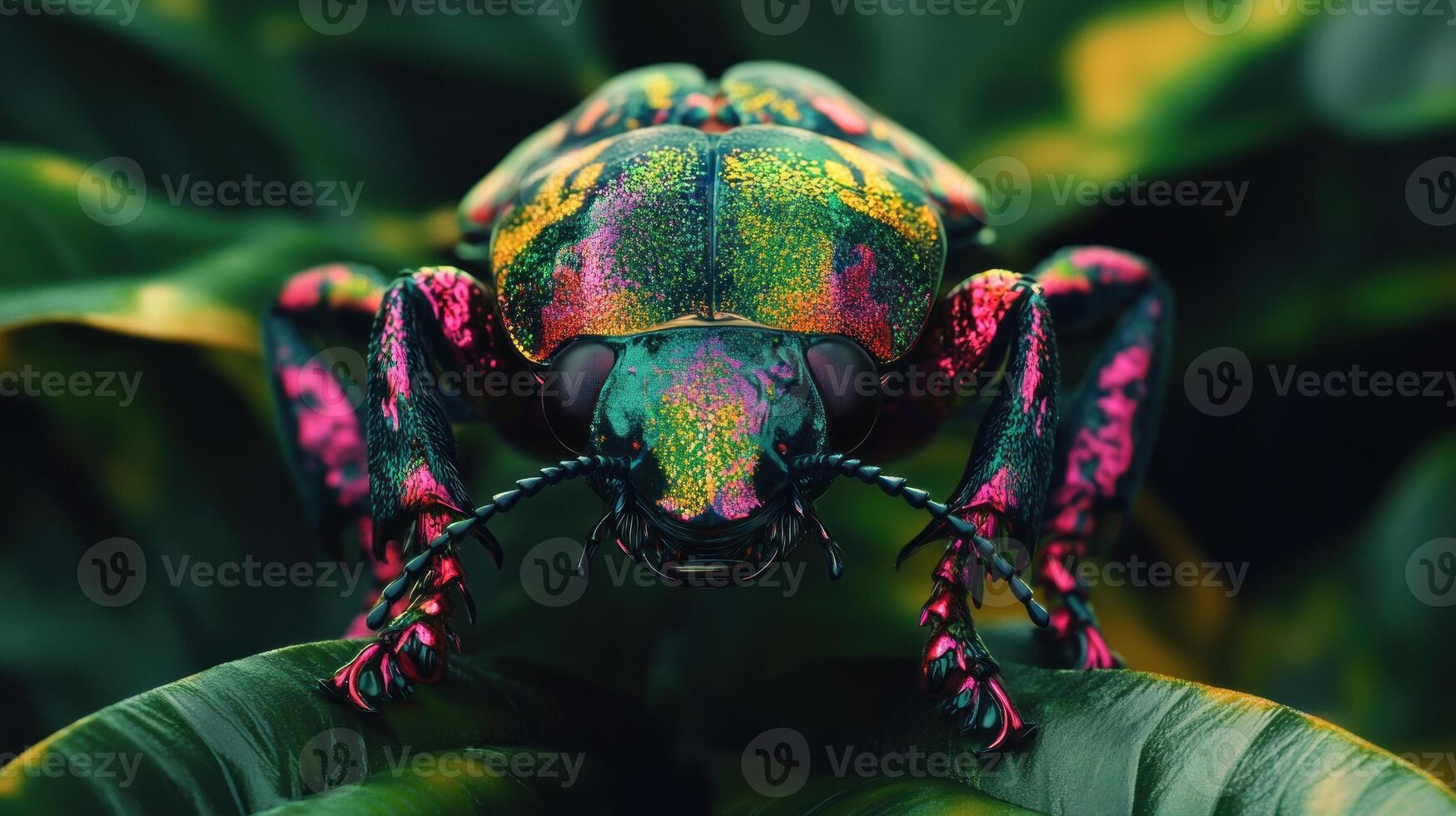 A colorful beetle with pink and green stripes on its back photo