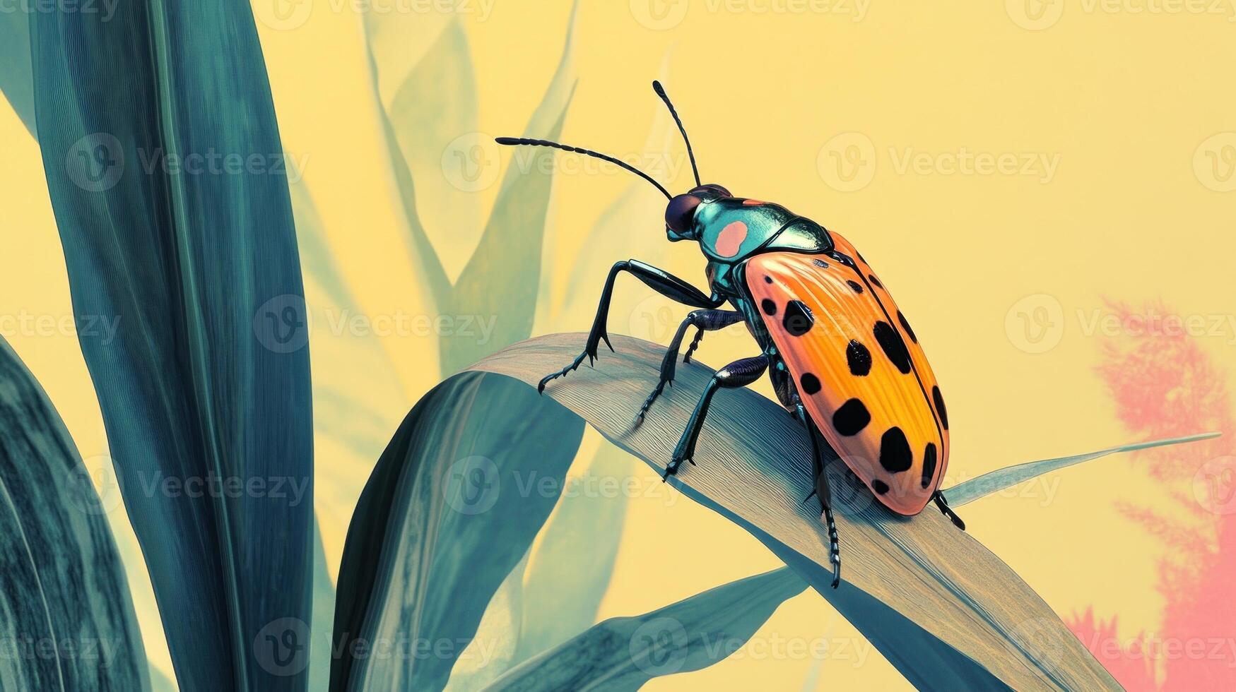 A colorful bug sitting on a leaf in front of a pink and yellow background photo