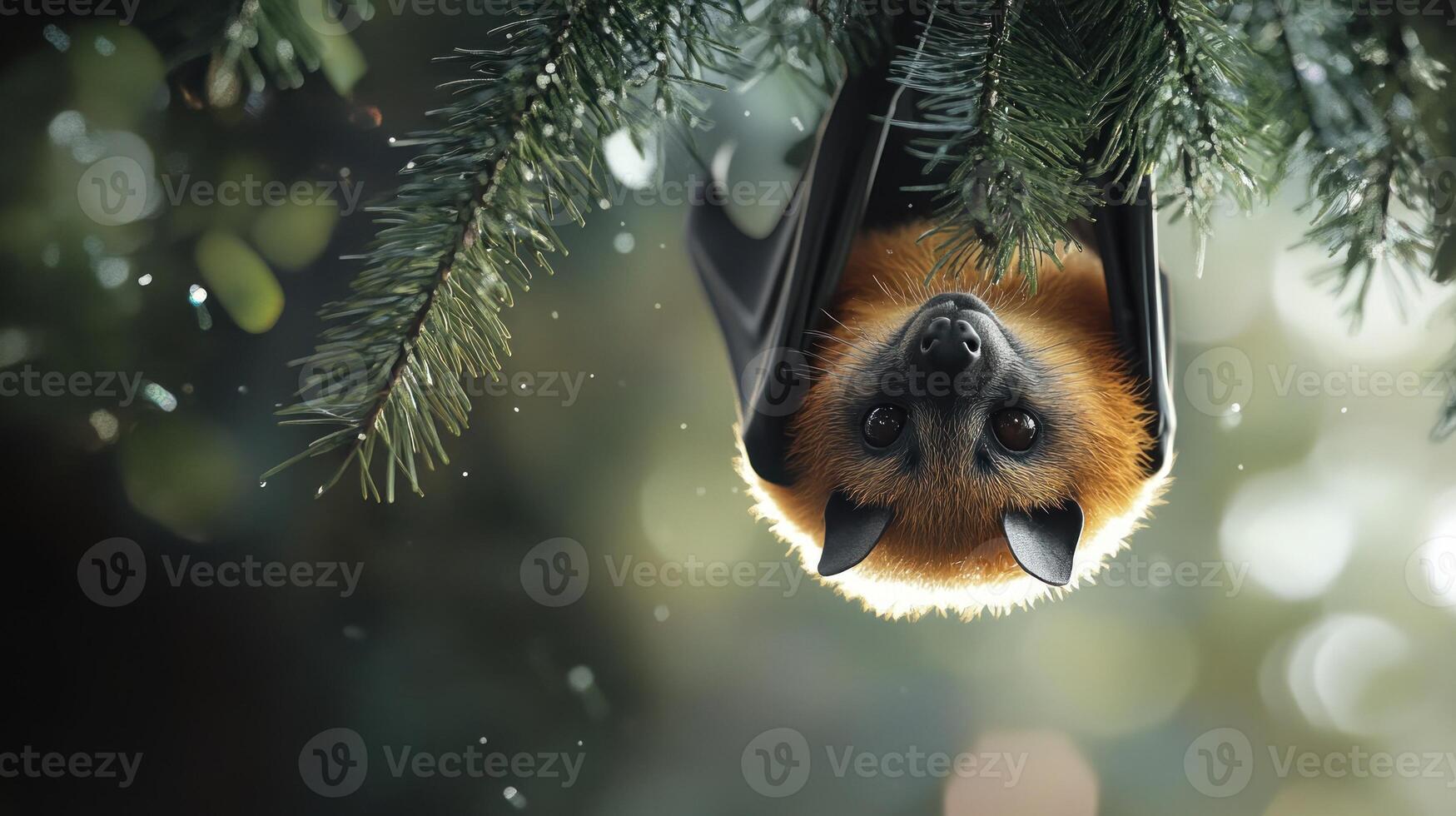 A bat hanging upside down from a tree branch photo