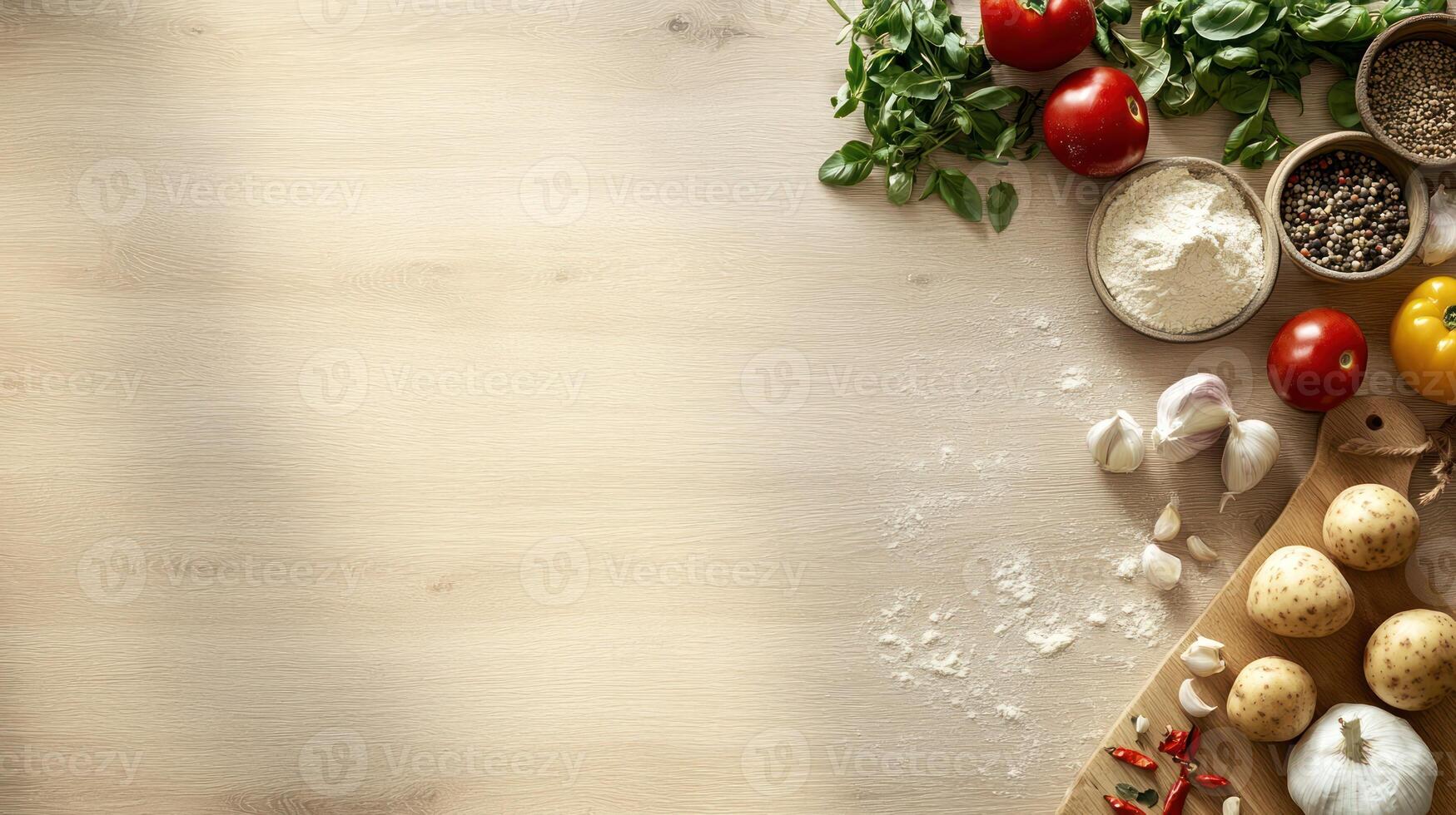 Various vegetables and ingredients on a wooden cutting board photo