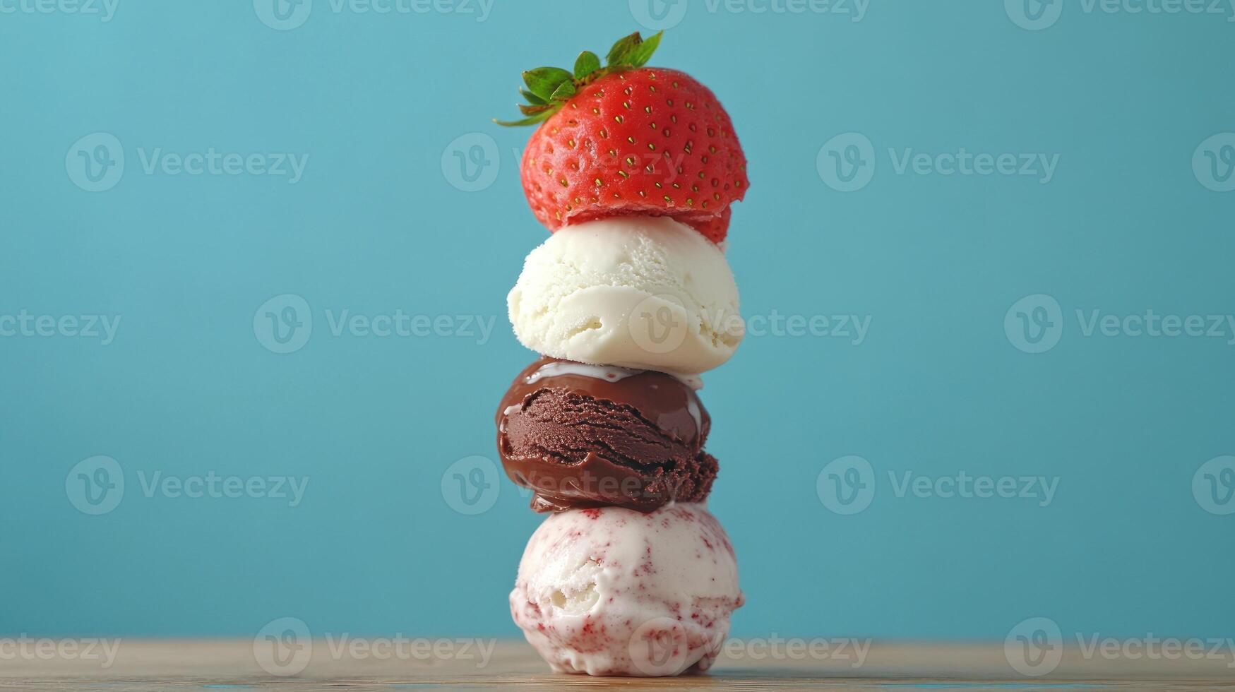 A stack of three ice cream scoops with a strawberry on top photo