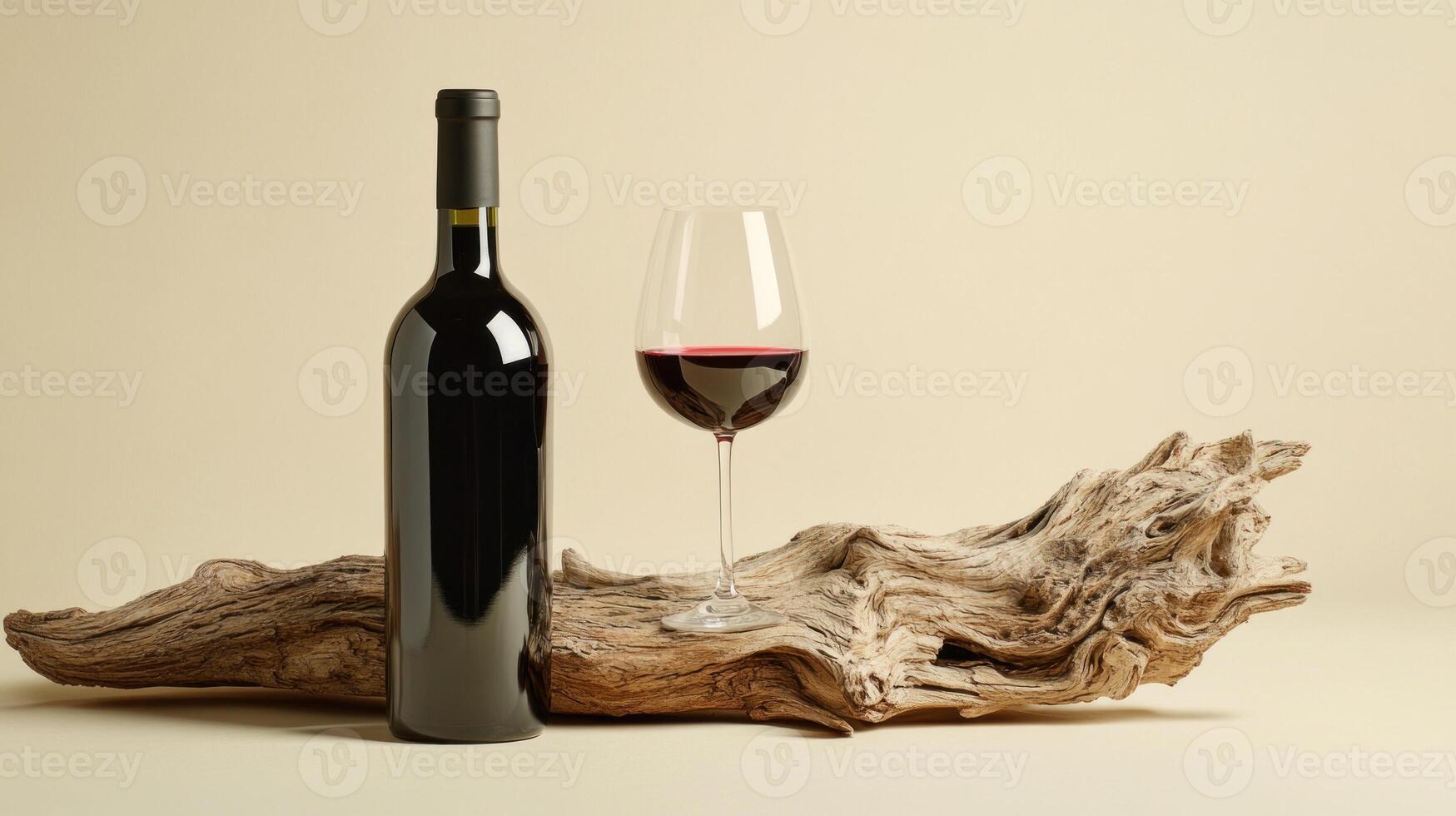 A bottle of red wine and a glass are on a wooden log photo