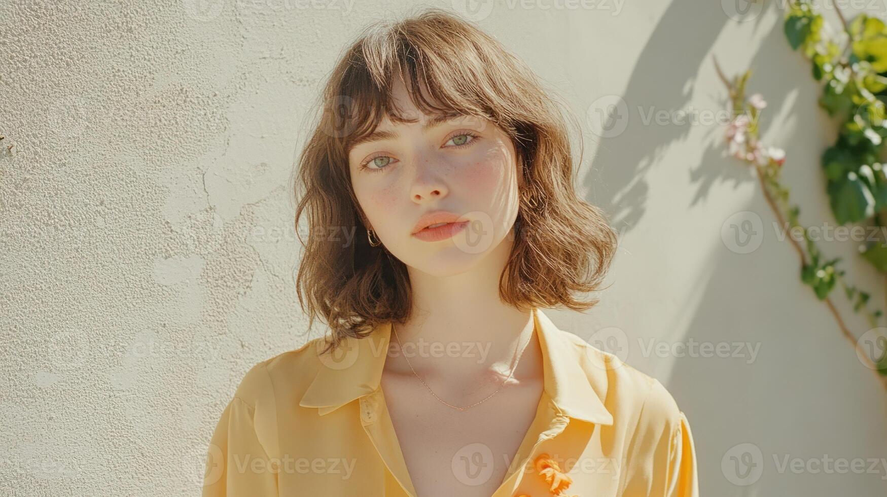 A woman wearing a yellow shirt and a flower on her shirt photo
