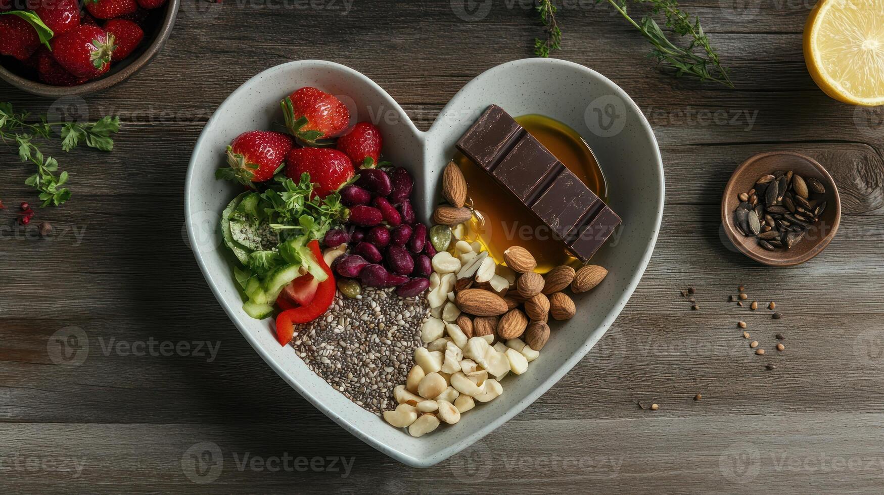 A heart shaped bowl with strawberries, nuts, and chocolate photo