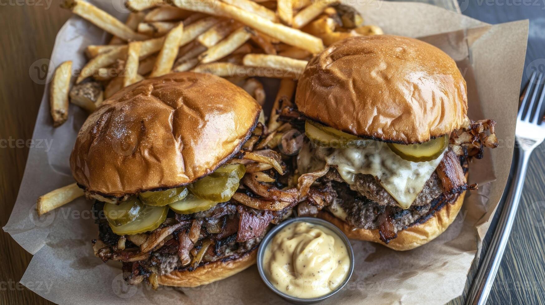 A large burger with fries and pickles photo
