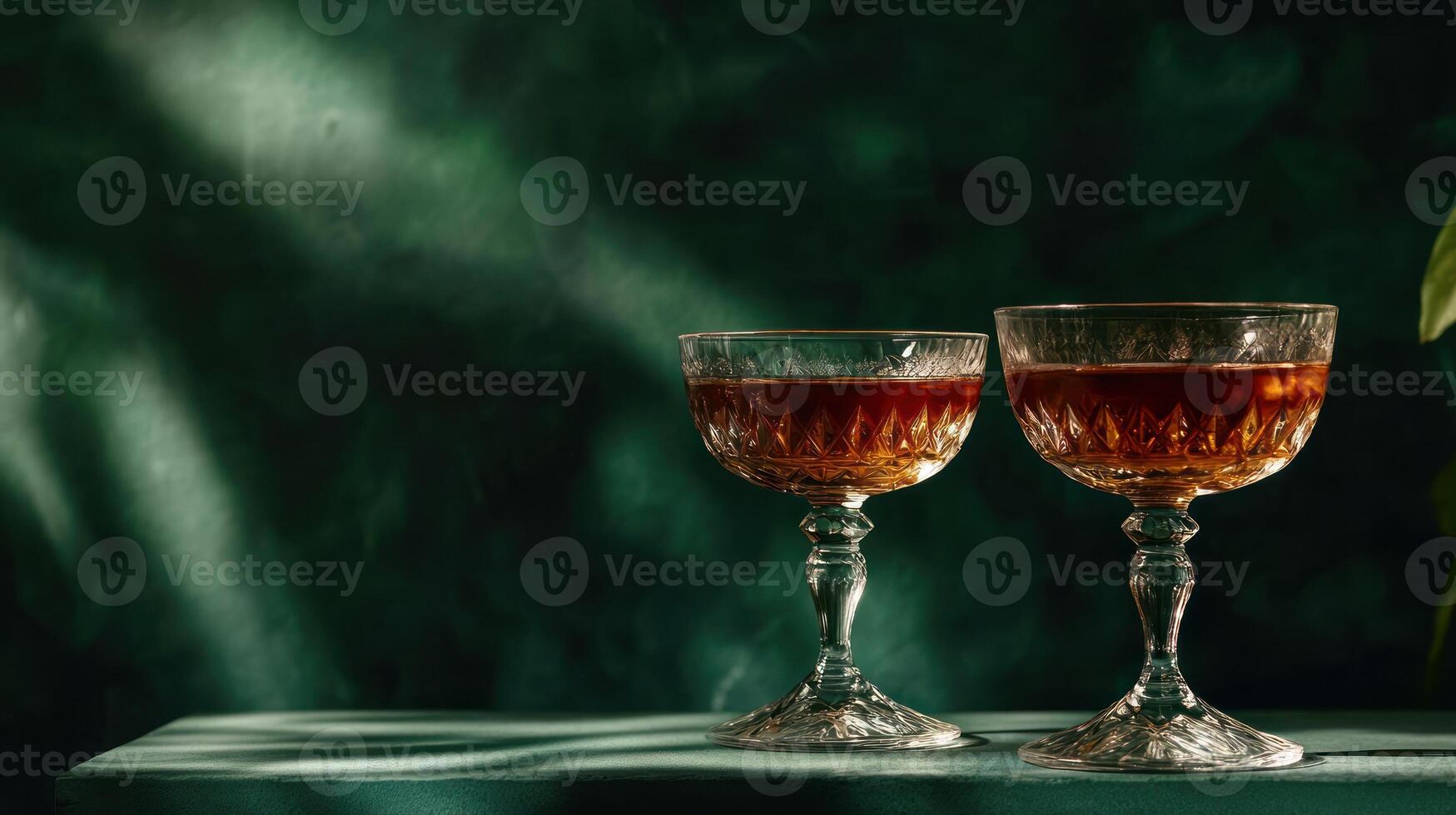 Two wine glasses on a table with a green plant photo