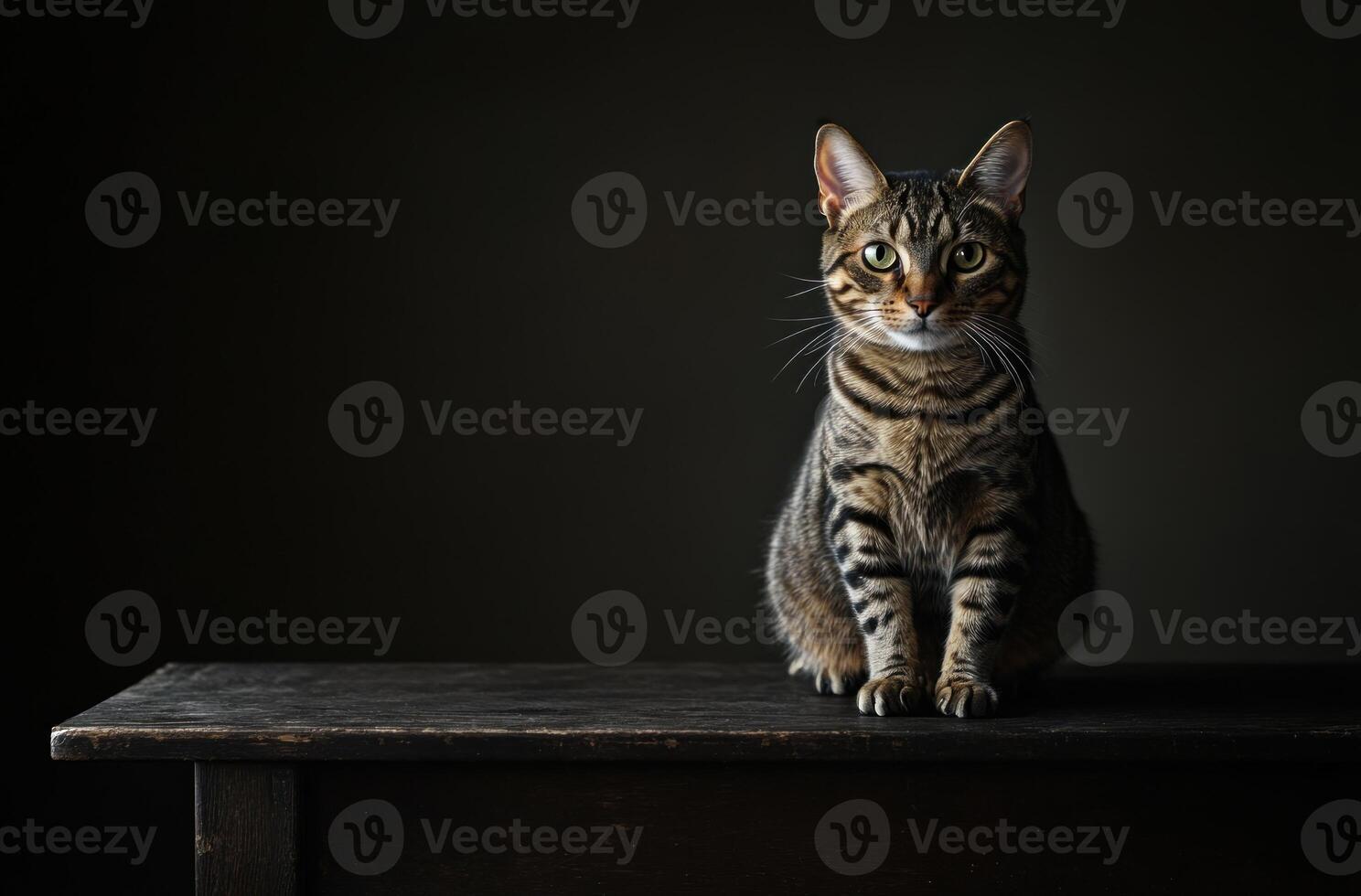A cat sitting on a table in front of a dark background photo