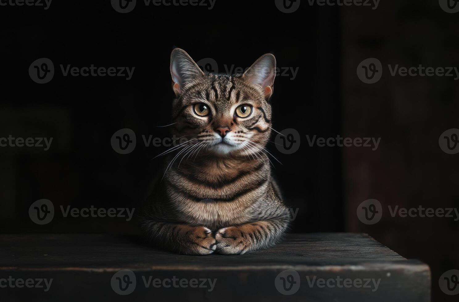 A cat sitting on a wooden table in front of a dark background photo