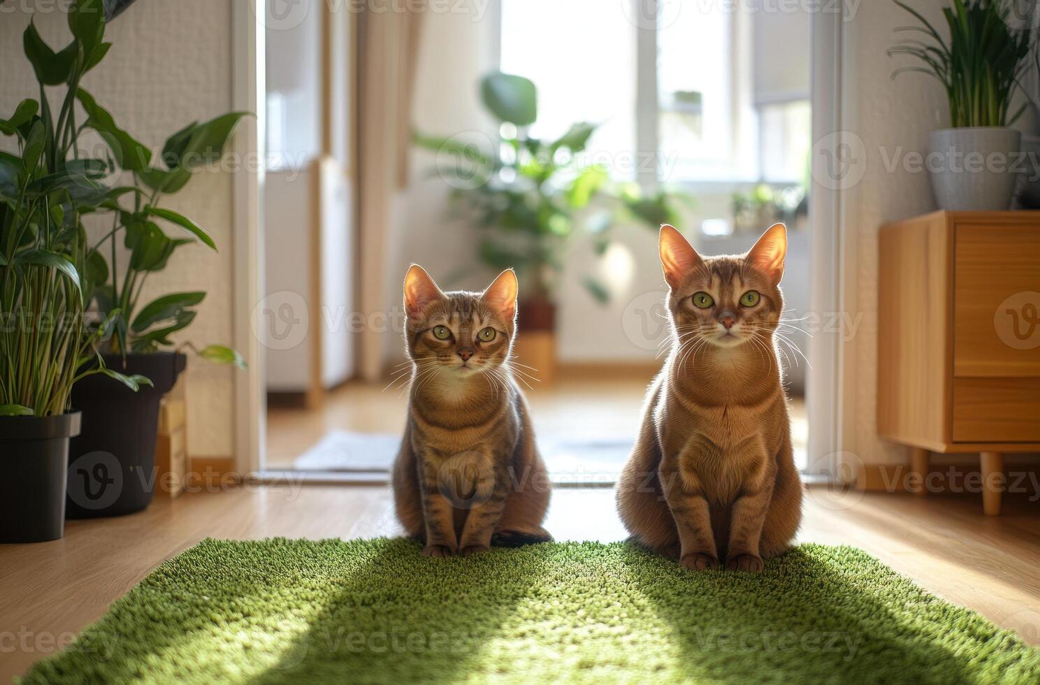 Two cats sitting on a rug in a room photo