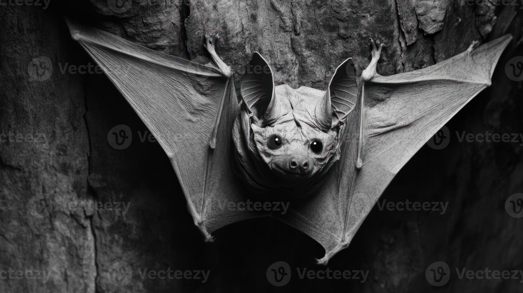 A black and white photo of a bat hanging from a tree