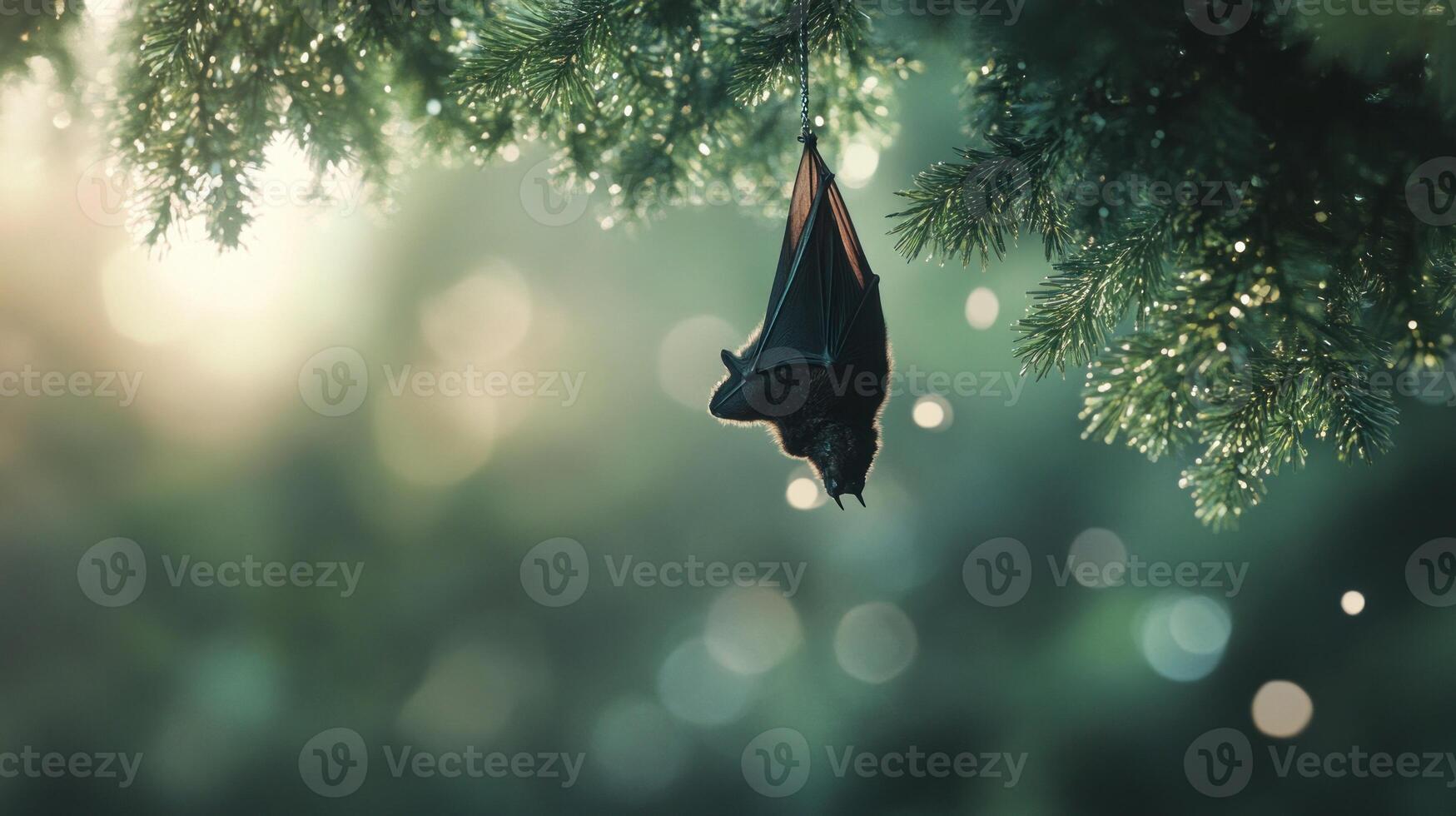 A bat hanging from a tree branch with leaves photo
