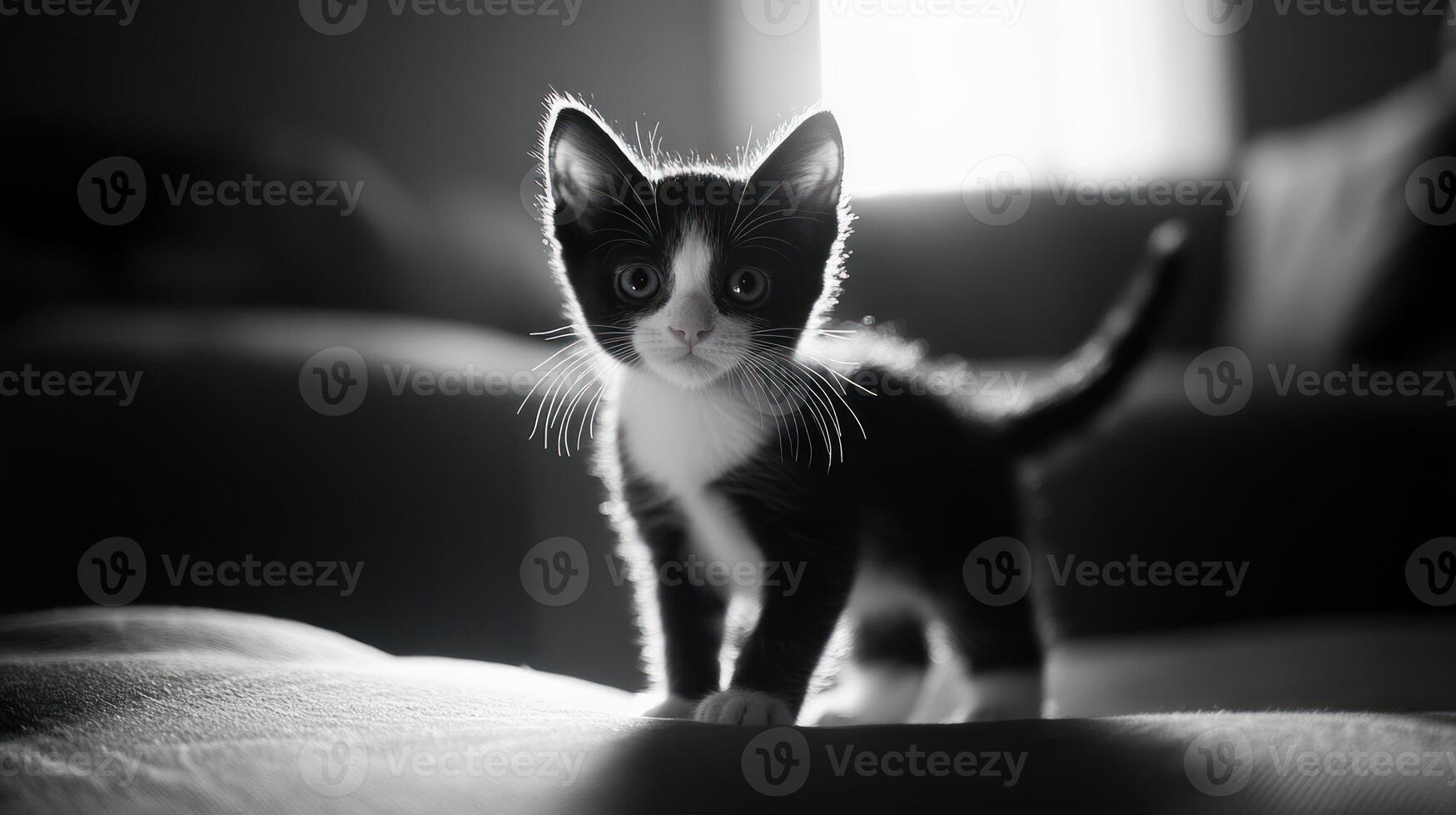 A black and white photo of a kitten