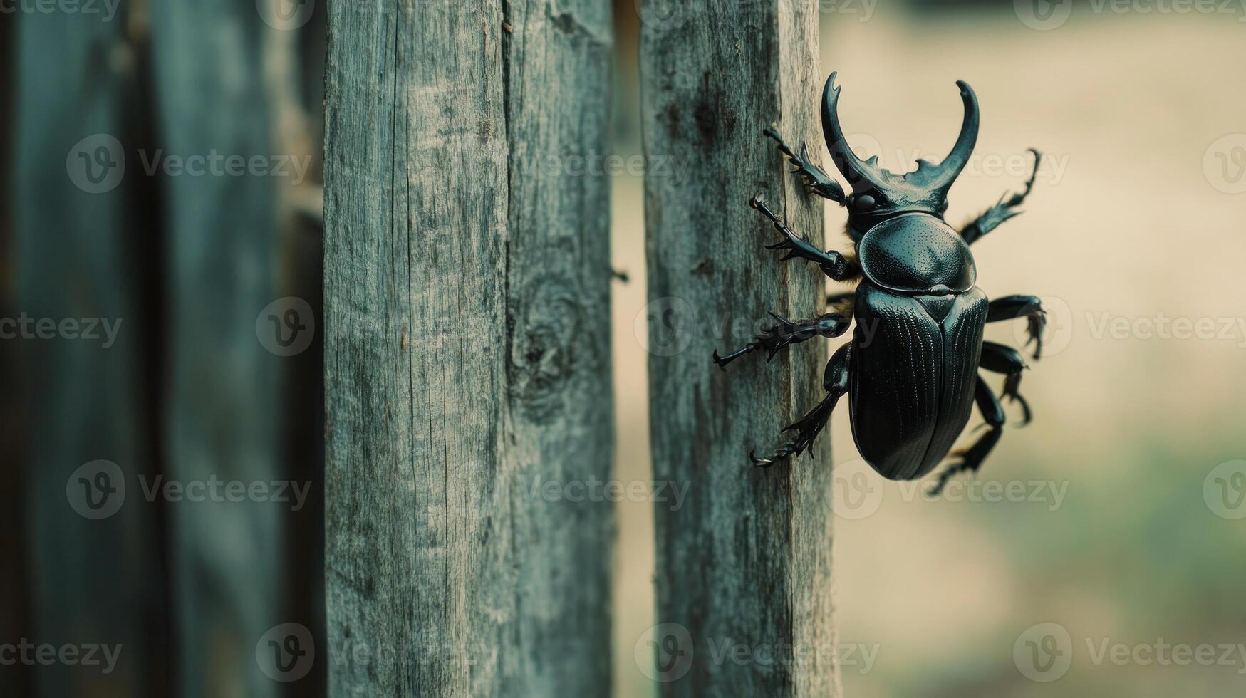 A black beetle on a wooden fence photo