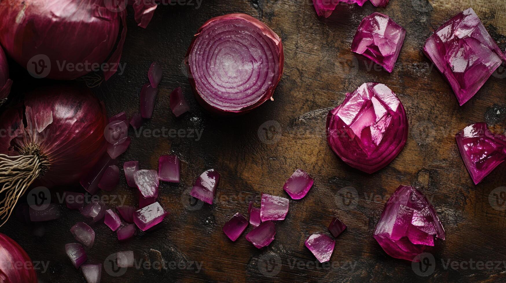 A pile of red onions and sliced red onions photo