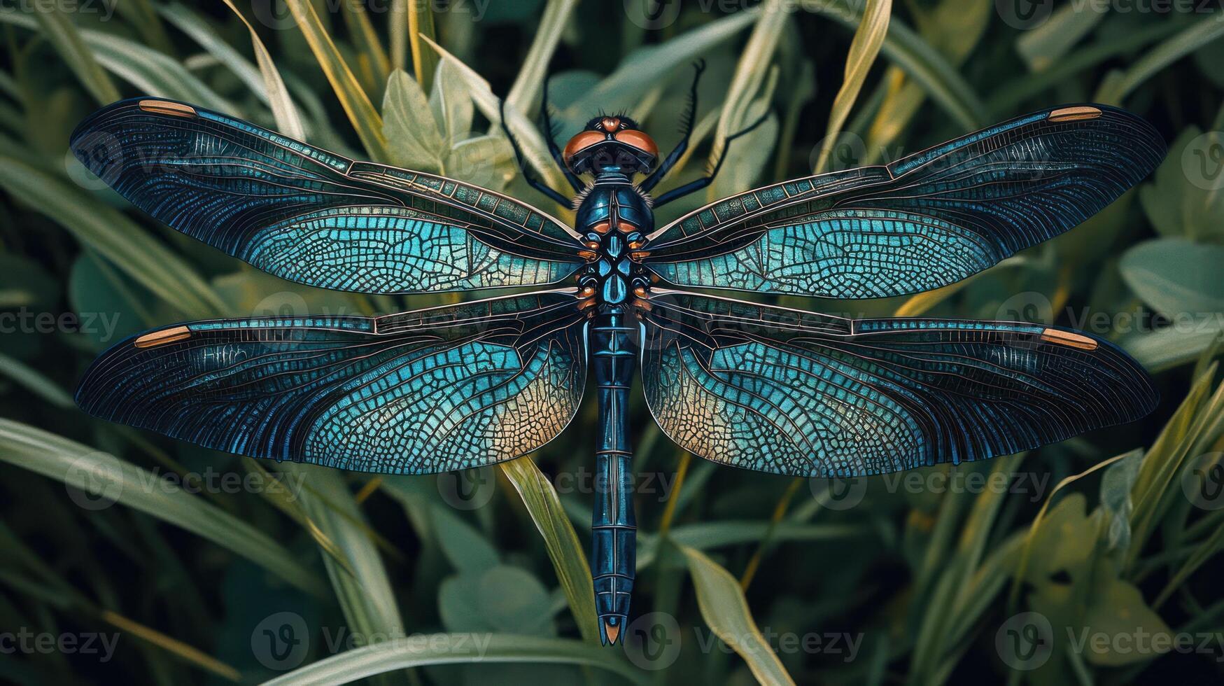 A dragonfly with blue wings sitting on top of some grass photo