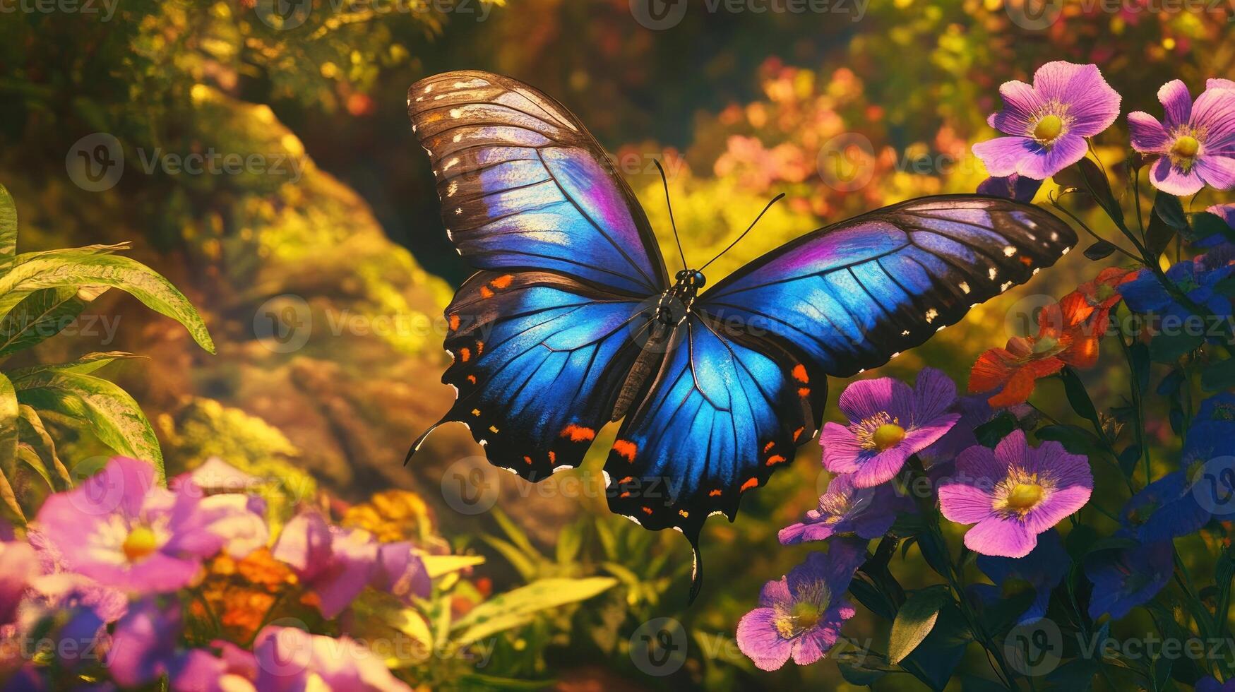 A blue butterfly is flying over purple flowers photo