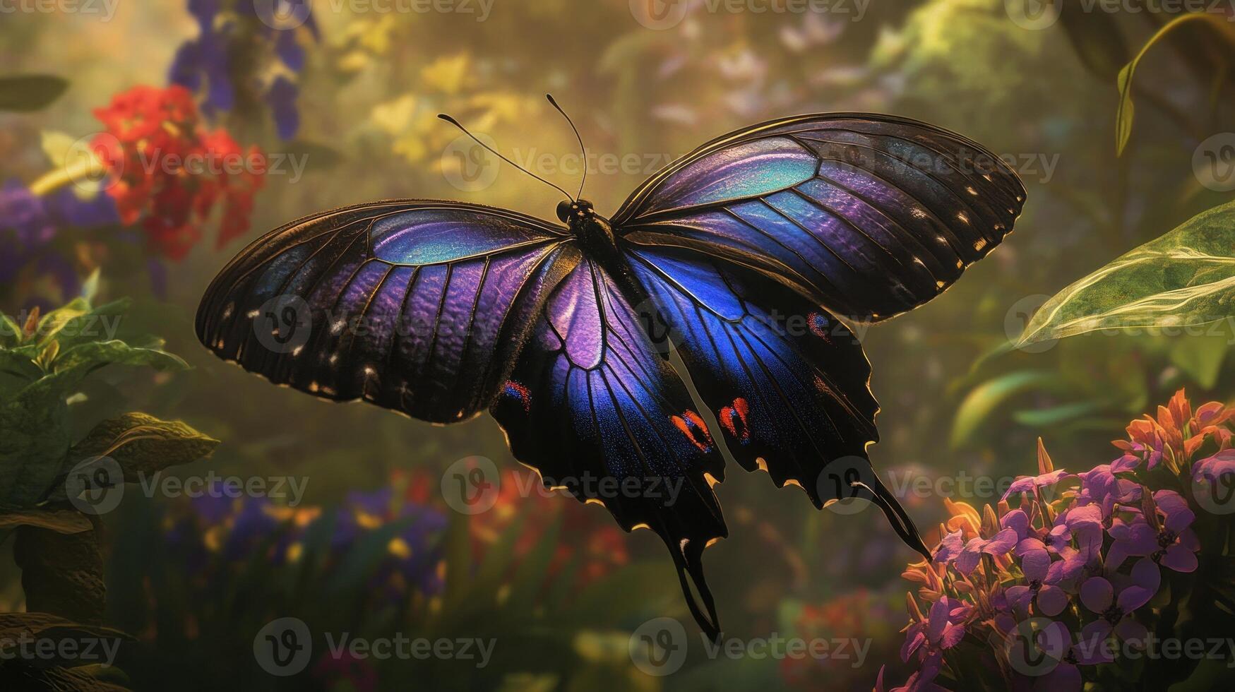 A butterfly is flying through a field of flowers photo