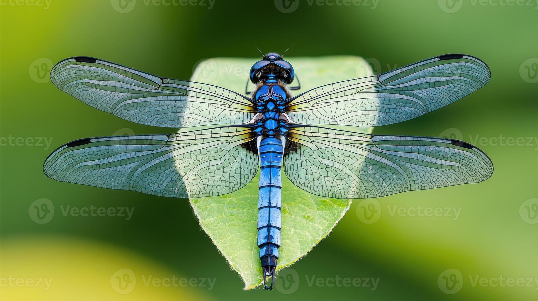 A dragonfly with blue wings sitting on a leaf photo