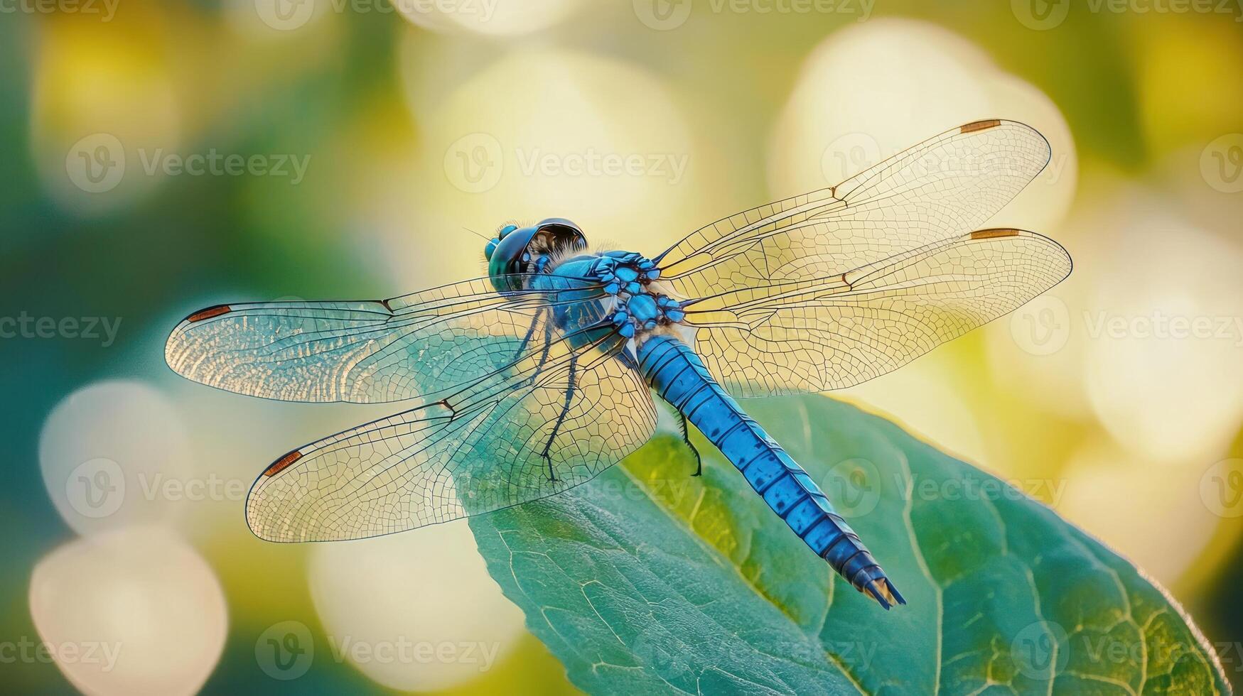 A dragonfly is sitting on a leaf photo