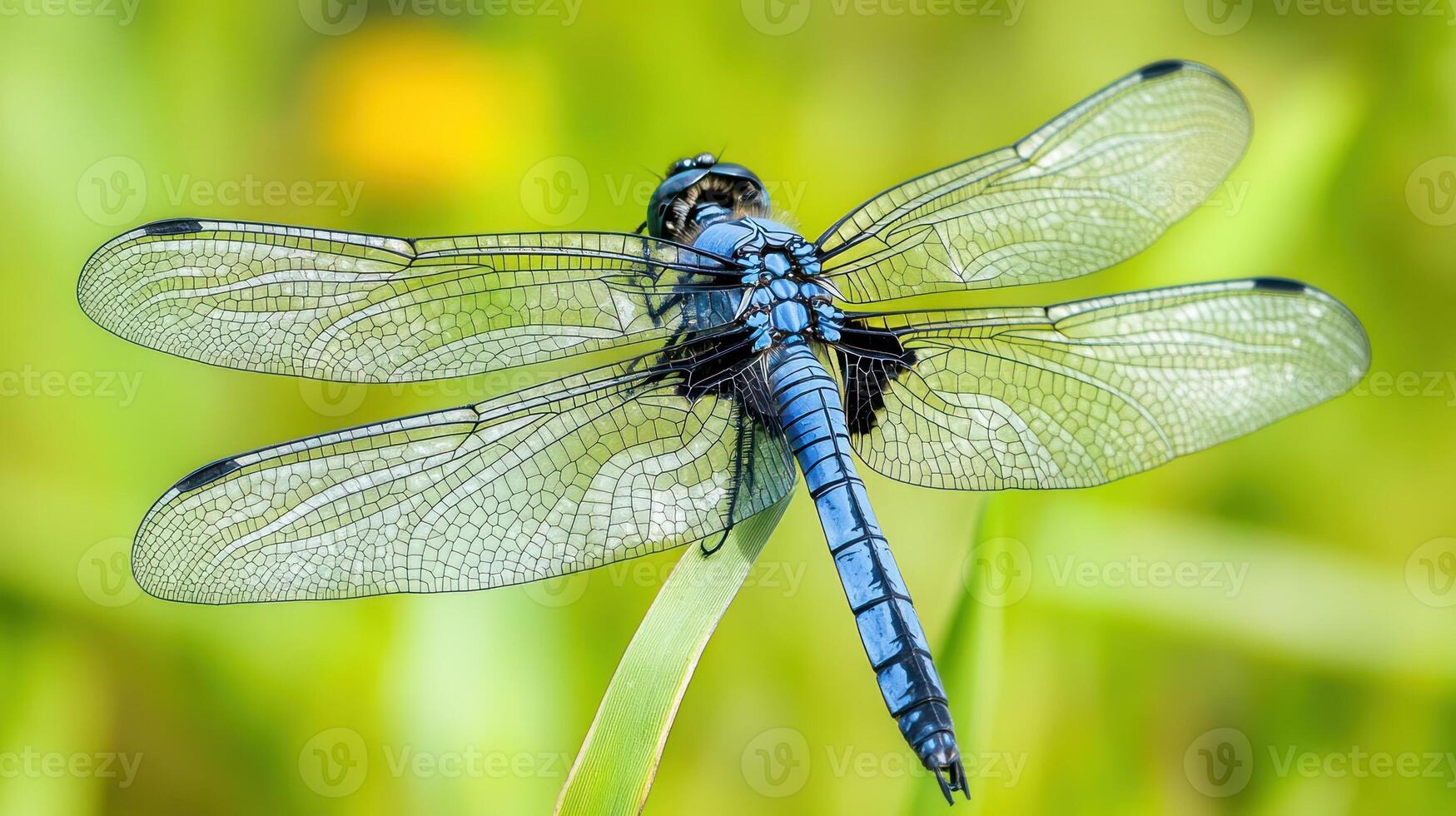 A blue dragonfly sits on a green blade of grass photo