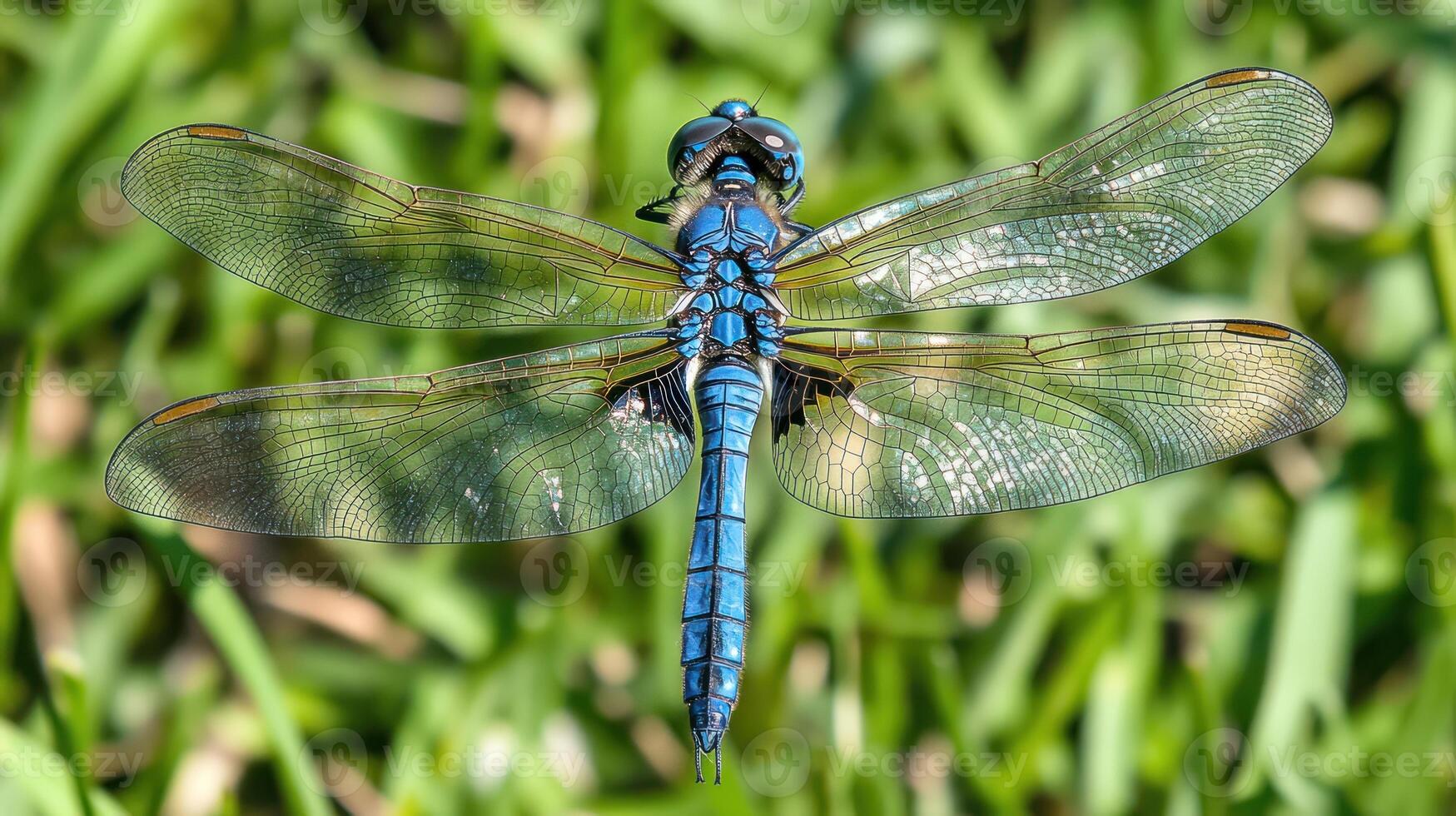 A blue dragonfly with black wings sitting on top of some grass photo
