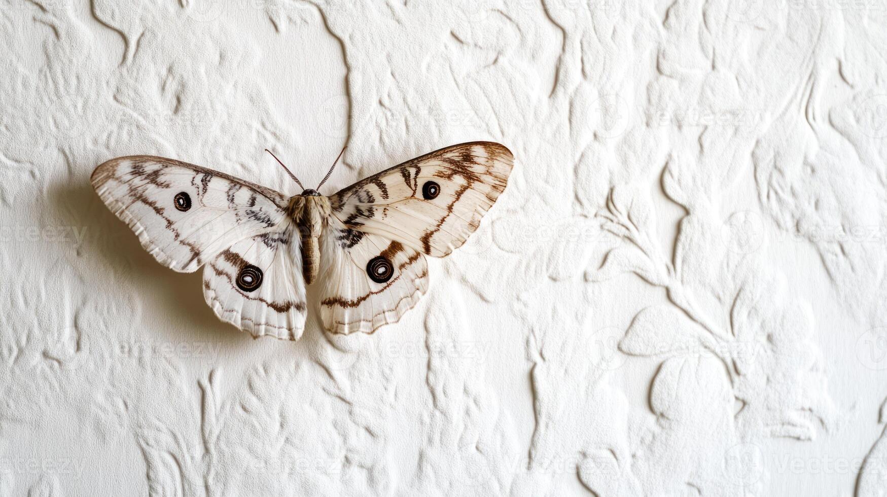 A white butterfly is sitting on a white wall photo