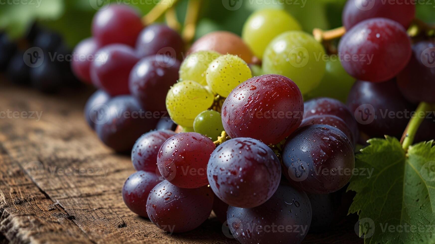 Grapes on a wooden table with leaves photo