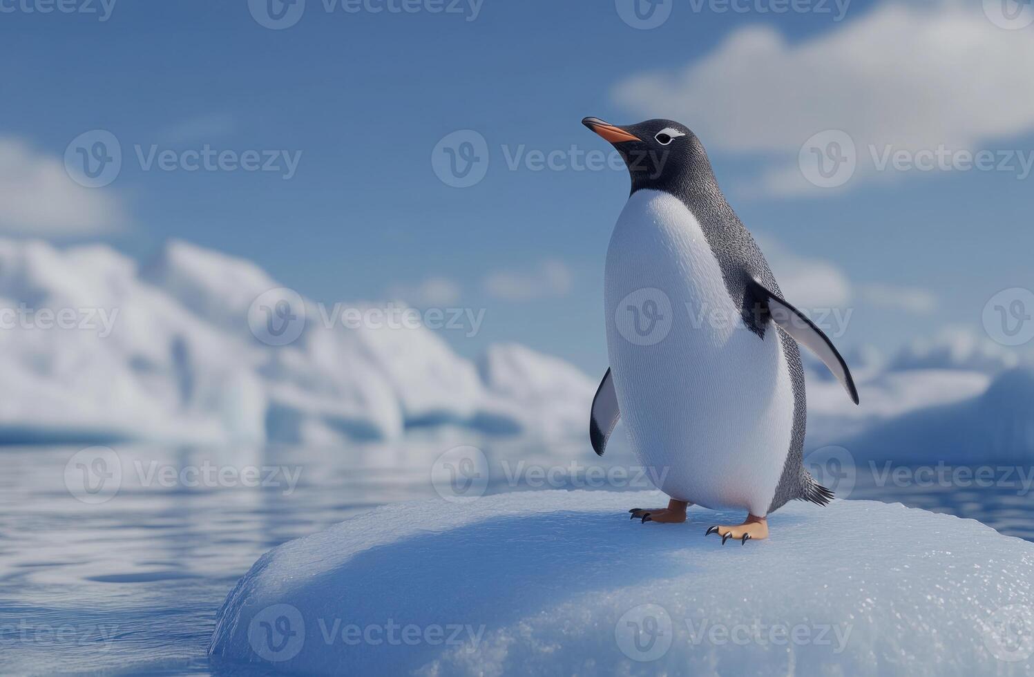 A penguin standing on an ice floe in the ocean photo